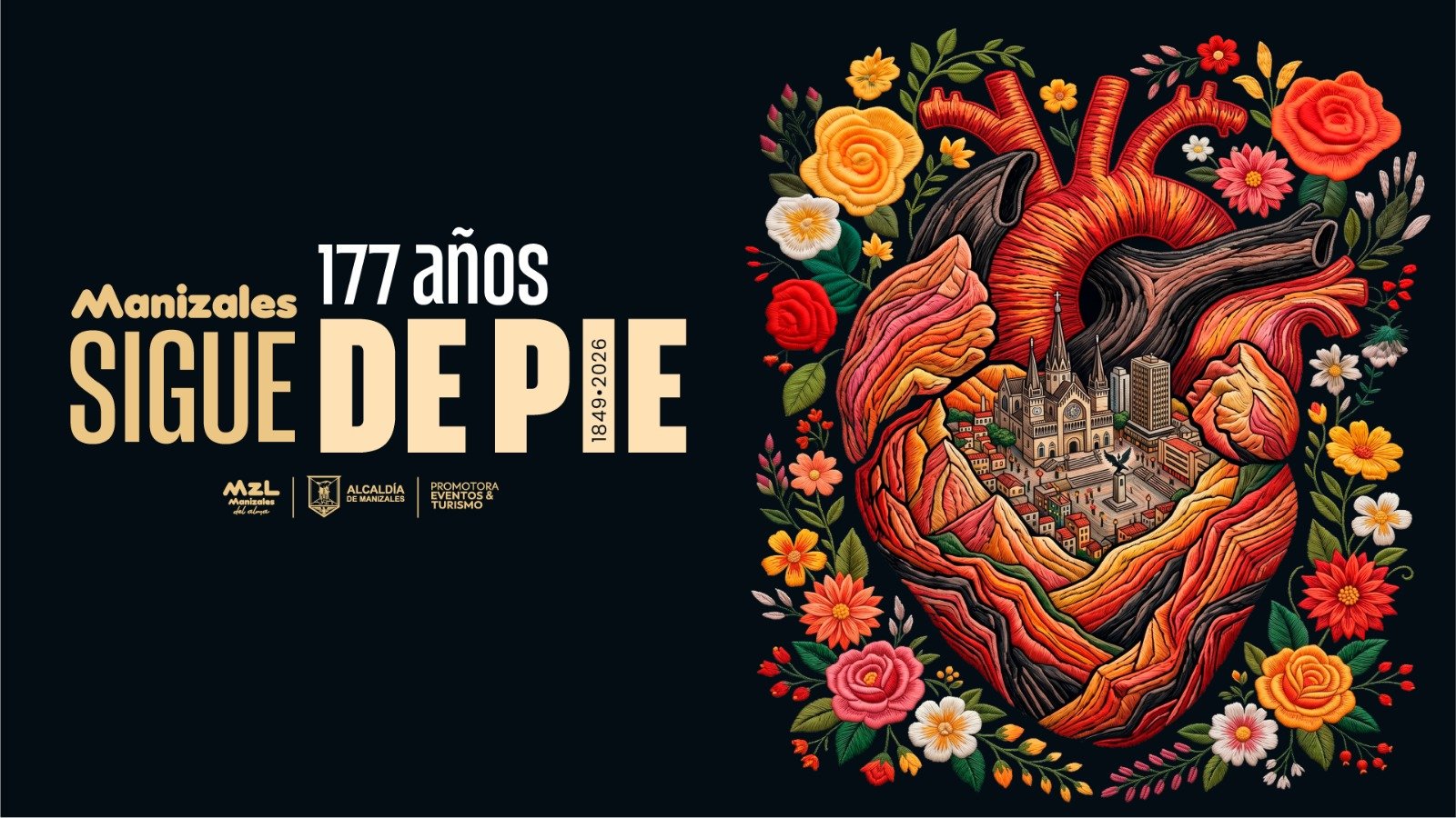 Manizales sigue de pie. Corazón bordado con la ciudad y flores - 177 años